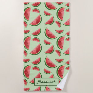 Serviette De Plage Motif de fruit pastèque sur fond vert avec nom per