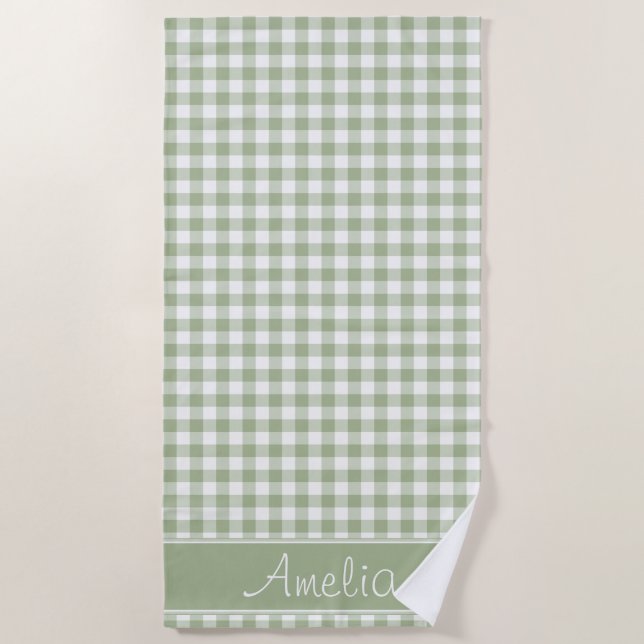 Serviette De Plage Motif | de guingan de vert sauge personnalisé (Devant)