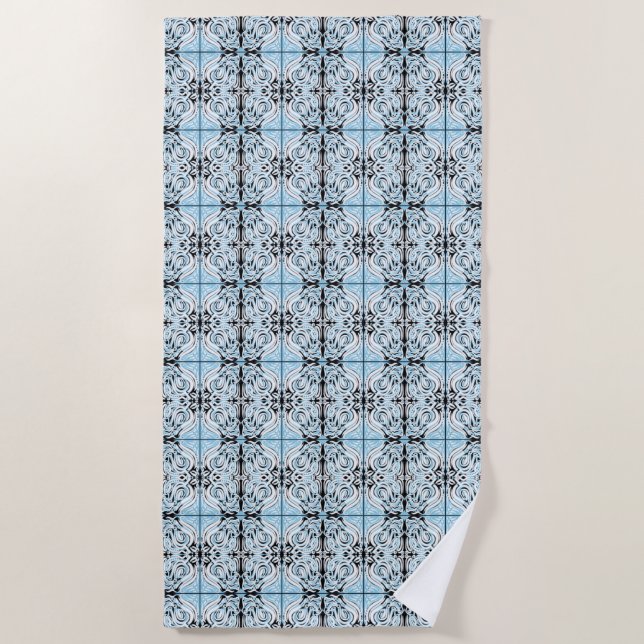 Serviette De Plage Motif de répétition Abstrait bleu noir blanc (Devant)