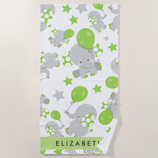 Serviette De Plage Motif D'Eléphants, Eléphants Mignons, Votre Nom (Devant)