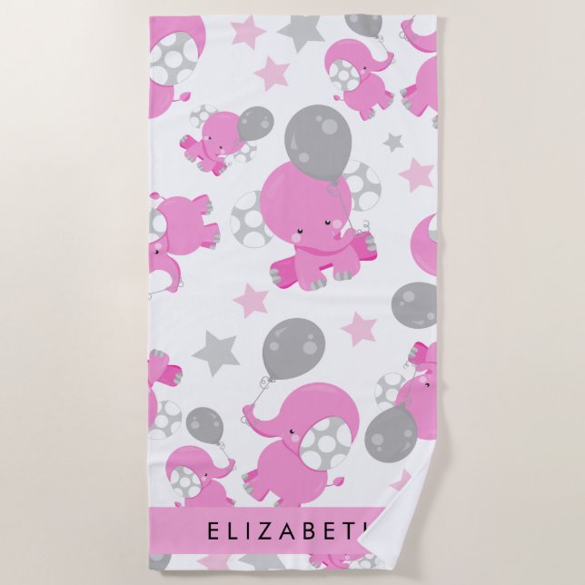 Serviette De Plage Motif Des Eléphants Roses, Étoiles, Votre Nom (Devant)