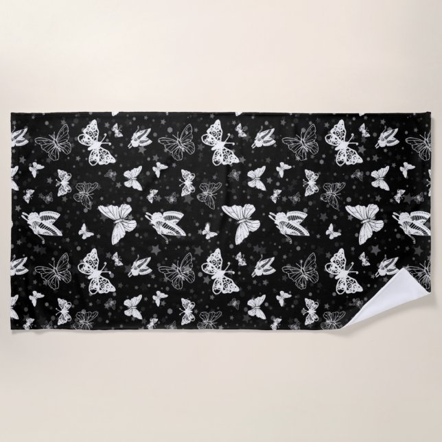 Serviette De Plage Motif d'illustration noir blanc papillon (Devant)