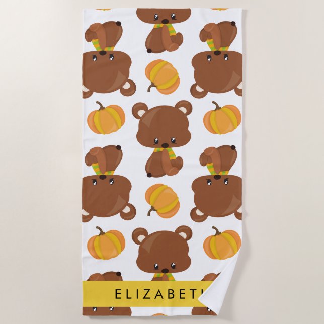 Serviette De Plage Motif D'Ours, Mignons Ours, Citrouille, Votre Nom (Devant)
