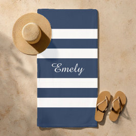 Serviette De Plage Motif élégant moderne bleu et blanc avec nom
