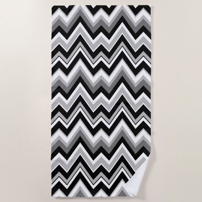 Serviette De Plage Motif en chevron noir blanc et gris (Devant)