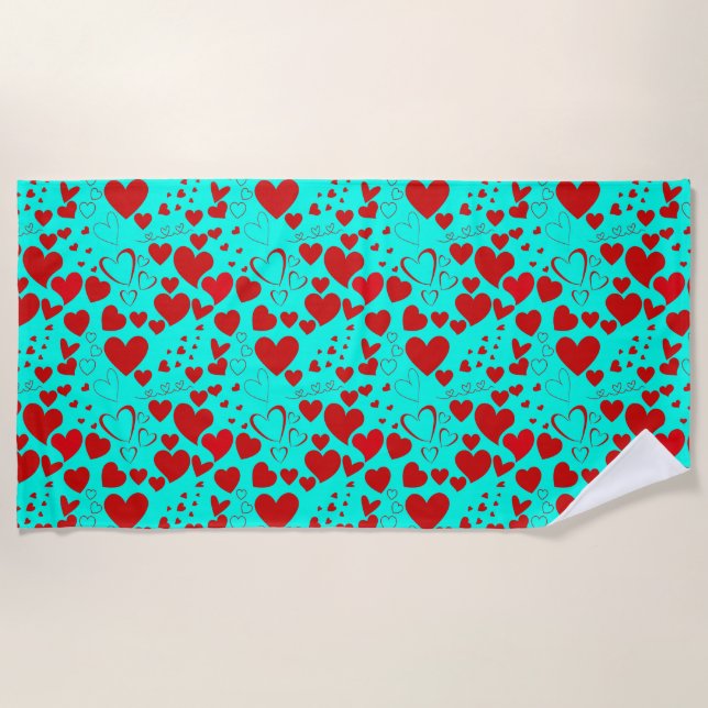 Serviette De Plage Motif en forme de coeur rouge en turquoise vide (Devant)