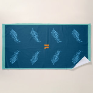 Serviette De Plage Motif en plumes bleues Monogramme été personnalisé