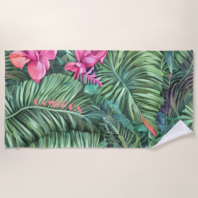 Serviette De Plage Motif feuille verte rose personnalisé Été plage (Devant)