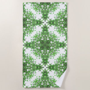 Serviette De Plage Motif floral abstrait en noir et vert sur fond bla