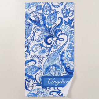 Serviette De Plage Motif floral paisley bleu blanc personnalisé
