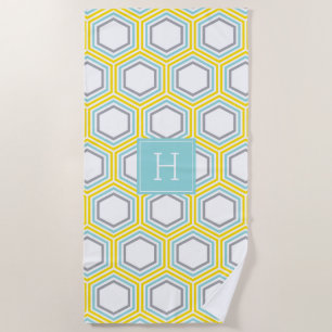 Serviette De Plage Motif géométrique jaune et bleu et monogramme