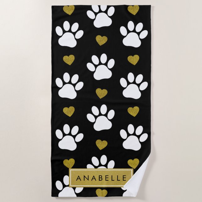 Serviette De Plage Motif Paw, Paws Blanches, Coeurs Or, Votre Nom (Devant)