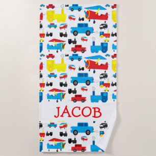 Serviette De Plage Motif personnalisé mignon d'avions, de trains et
