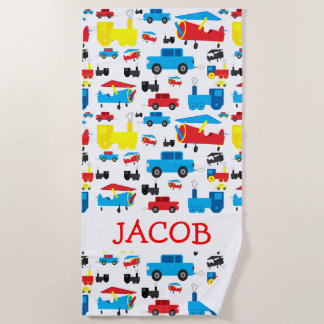 Serviette De Plage Motif personnalisé mignon d'avions, de trains et