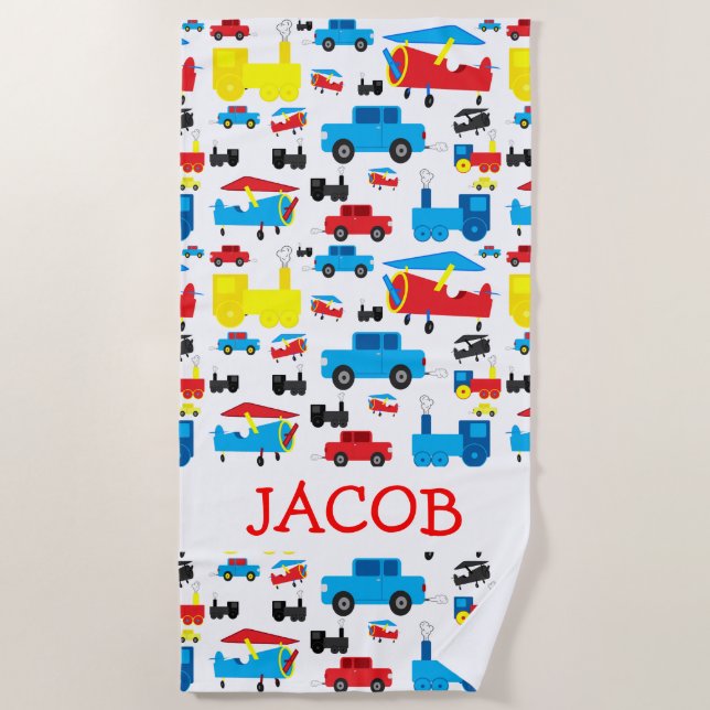 Serviette De Plage Motif personnalisé mignon d'avions, de trains et (Devant)