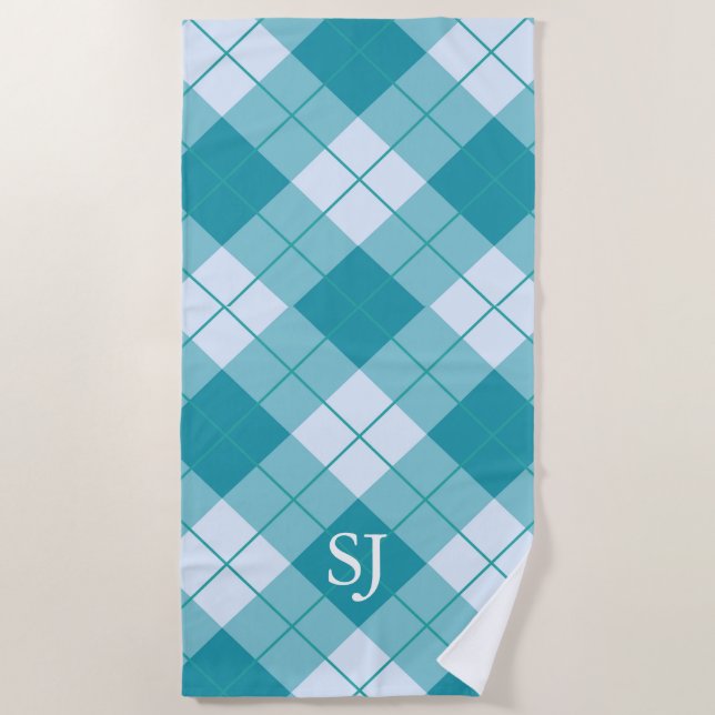 Serviette De Plage Motif plaid blanc et bleu turquoise (Devant)