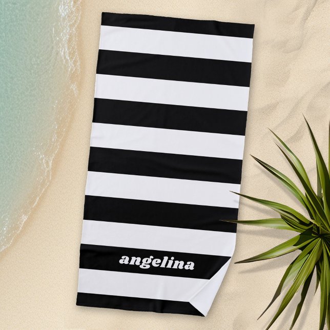 Serviette De Plage Motif rayé noir et blanc Nom moderne (Personalized Beach Towel)