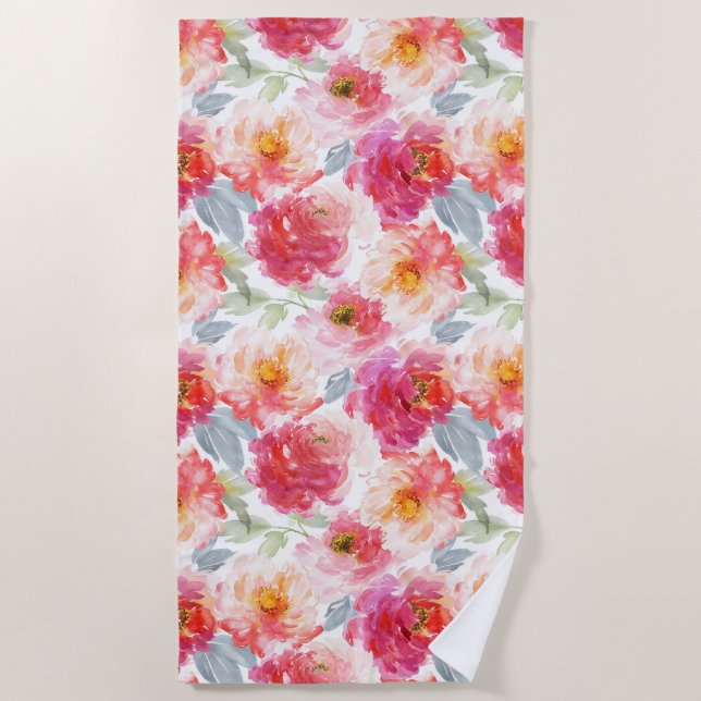 Serviette De Plage Motif rose Aquarelle Peony (Devant)
