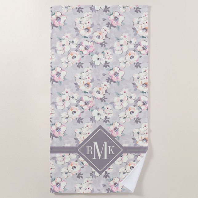 Serviette De Plage Motif rose mou d'aquarelle du monogramme | (Devant)