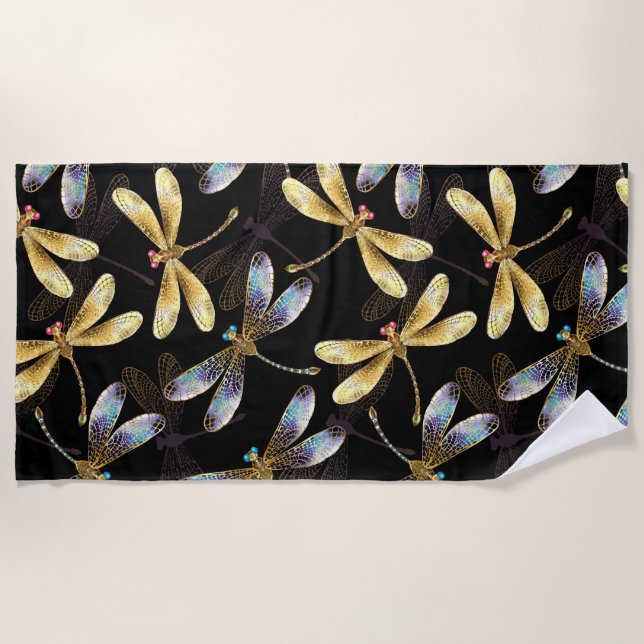 Serviette De Plage Motif sans couture avec libellules d'or (Devant)