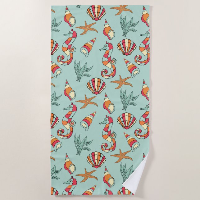 Serviette De Plage Motif Seahorse et Seashell Turquoise (Devant)
