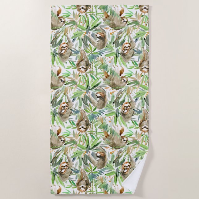 Serviette De Plage Motif tropical de paresse d'aquarelle (Devant)