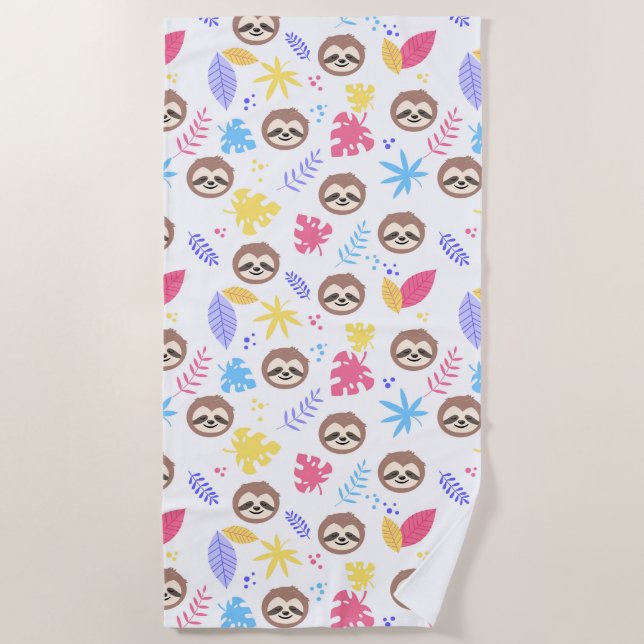 Serviette De Plage Motif tropical de paresse et de feuille (Devant)