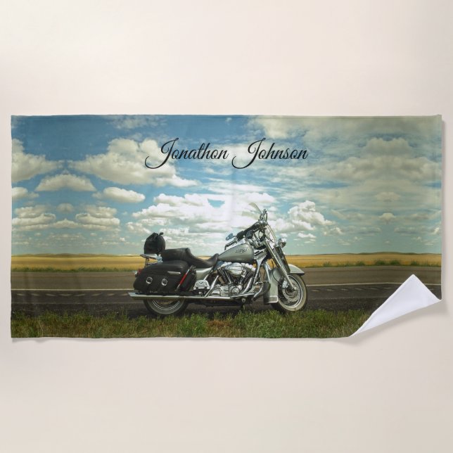 Serviette De Plage Moto noir et argent et ciel bleu (Devant)