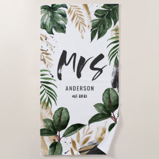 Serviette de plage Mrs feuille tropicale & typogra