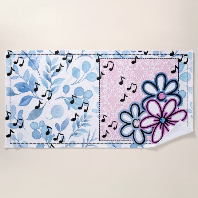 Serviette De Plage Musique rétro et florale (Devant)