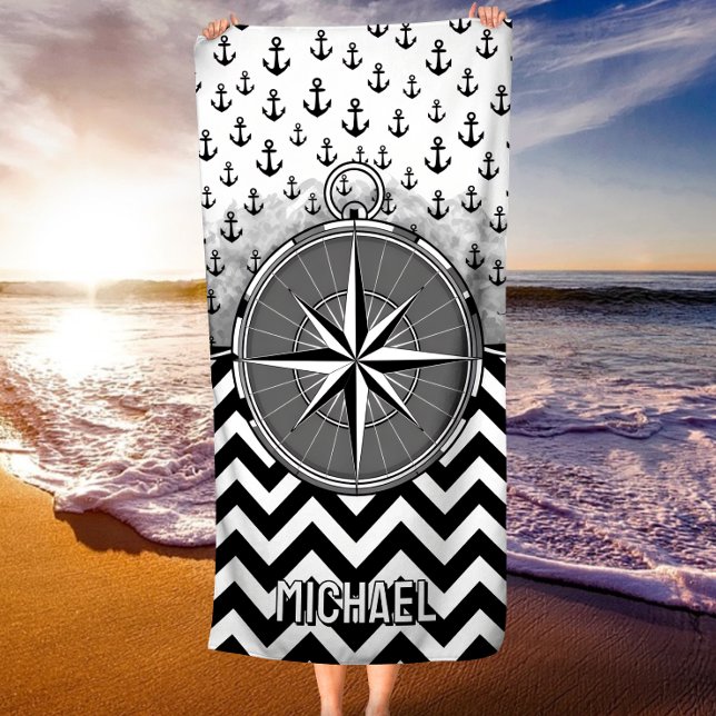 Serviette De Plage Nautical Compass Rose Anchors Black White Chevron (Créateur téléchargé)