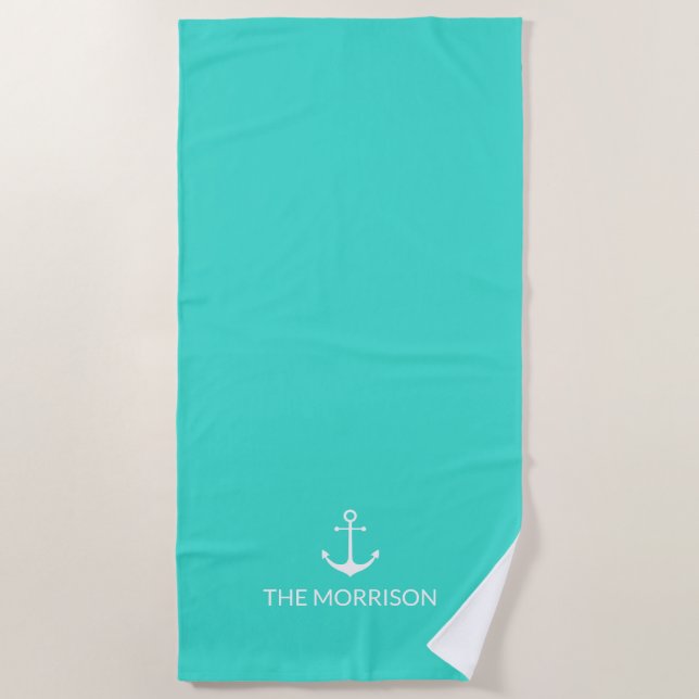 Serviette De Plage Nautical Custom Boat Name ancre blanche turquoise (Devant)