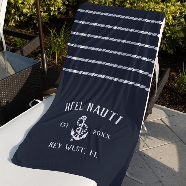 Serviette De Plage Nautical Dark Navy Rustic Ancre Stripe Nom du bate (Créateur téléchargé)