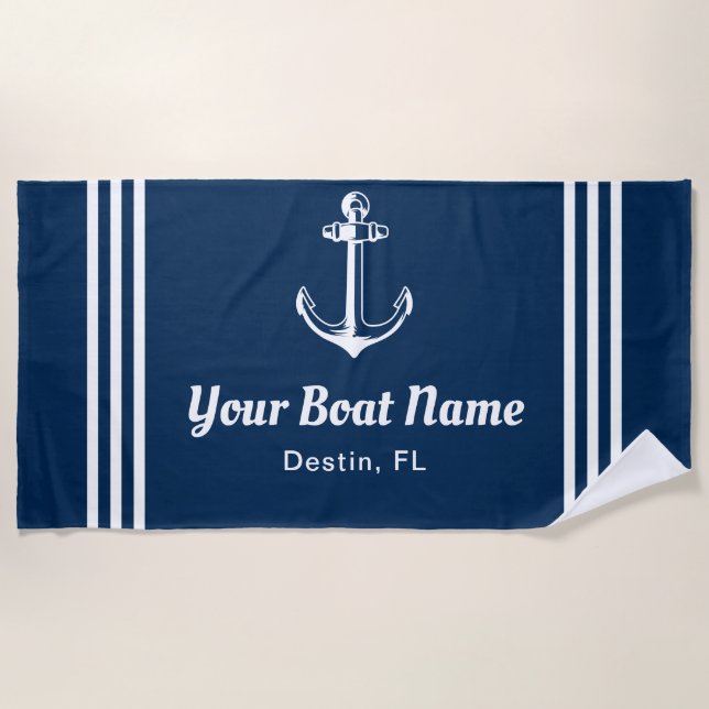 Serviette De Plage Nautical Navy Blue Custom Boat Name (Devant)