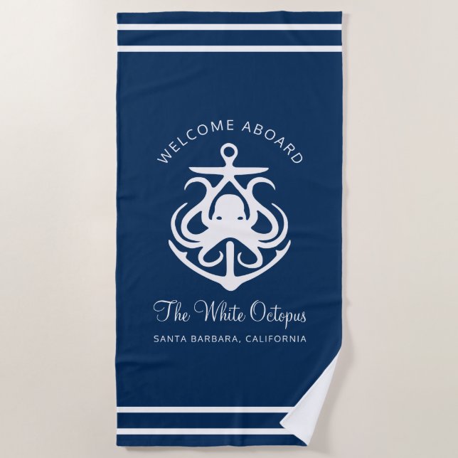 Serviette De Plage Nautical Navy Blue Custom Boat Name Ancre Octopus (Devant)