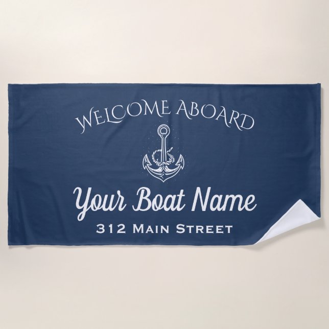 Serviette De Plage Nautical Navy Blue Welcome Aboard Ancre Nom du bat (Devant)