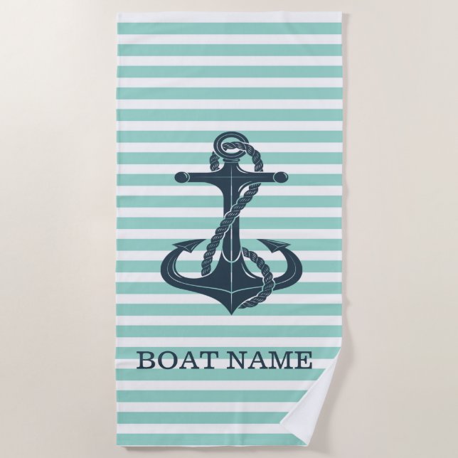 Serviette De Plage Nautique, Ancre, Bandes vertes à la menthe (Devant)
