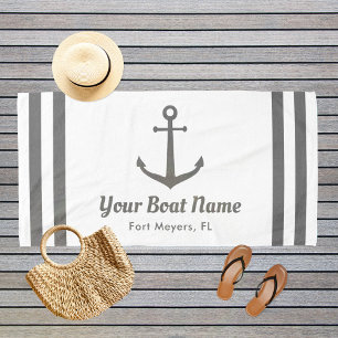 Serviette De Plage Nautique gris et blanc Nom du bateau personnalisé