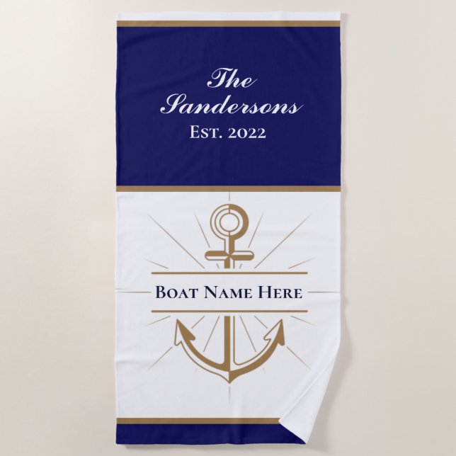 Serviette De Plage Nautique moderne Marine Bleu Monogram Lake House (Devant)
