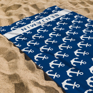Serviette De Plage Nautique Nom personnalisé Marine Bleu Blanc Ancre