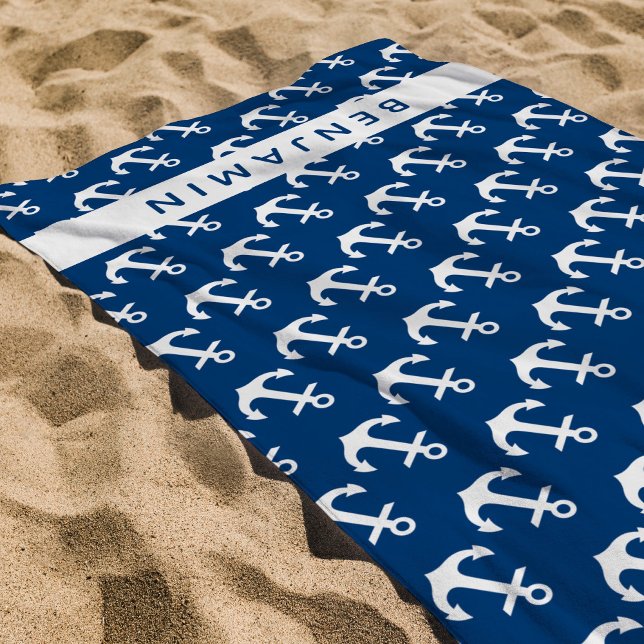 Serviette De Plage Nautique Nom personnalisé Marine Bleu Blanc Ancre (Créateur téléchargé)