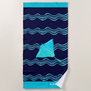 Serviette De Plage Nautique Turquoise Bleu Marine Manta Ray Wave