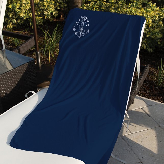 Serviette De Plage Navire bleu marine Ancre nautique et monogramme de (Créateur téléchargé)