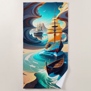 Serviette De Plage Navires De Grande Taille De Mer Et De Sable