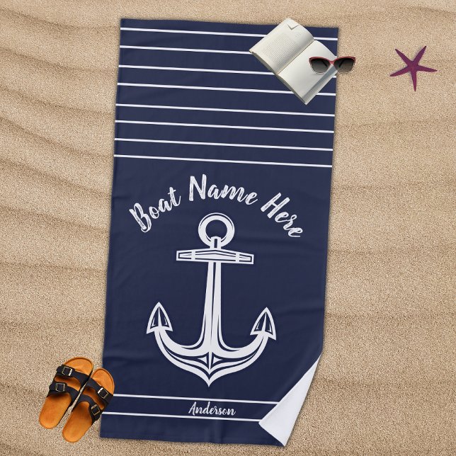 Serviette De Plage Navy Blue Ancre nautique Ajouter Nom du bateau (Créateur téléchargé)