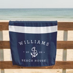 Serviette De Plage Navy & White Stripe Personalized Beach House
