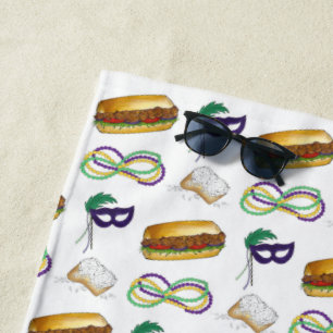 Serviette De Plage New Orleans Mardi Gras Beignet Beads Mask Po'Boy