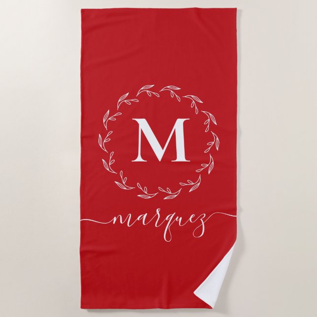 Serviette De Plage Noël rouge | Monogramme blanc de couronne botaniqu (Devant)
