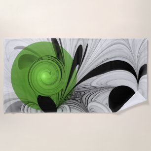 Serviette De Plage Noir Abstrait et blanc avec art fractal vert