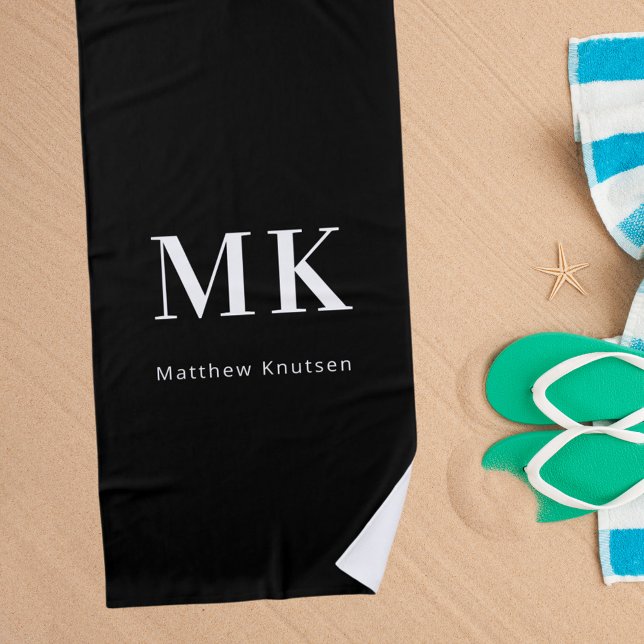 Serviette De Plage Noir blanc nom monogramme initiales (Créateur téléchargé)